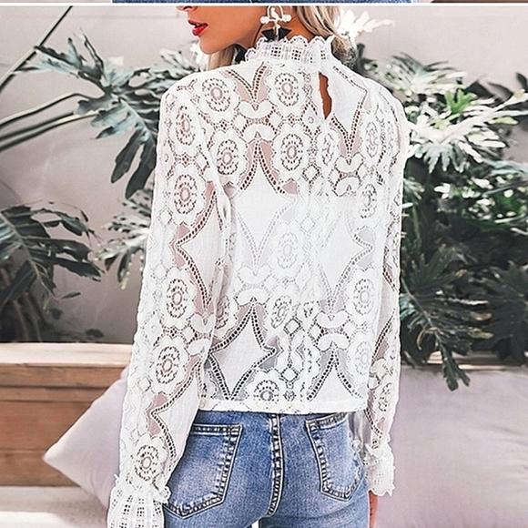 🤣Stunning October Love ❤️White Lace Top (See Thru)-Blouse love you too 💜💙🐦💕 - Picture 7 of 12